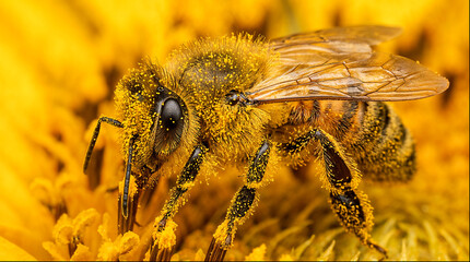 Honey bee covered in pollen feeding on vibrant sunflower © Fotkrat