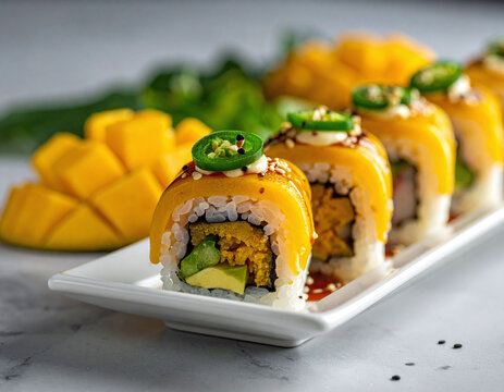 Exquisite tropical mango sushi rolls featuring avocado and spicy jalapeno. This bright, fusionstyle dish represents culinary creativity, perfect for restaurant branding and food apps.