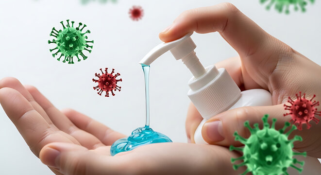 Essential hand sanitizer application for germ and virus protection, emphasizing cleanliness and well-being