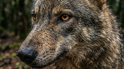 Gray wolf side profile portrait in forest with soft light © Fotkrat