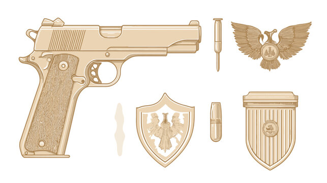 Illustration of firearm and protective symbols in sepia tones, on white