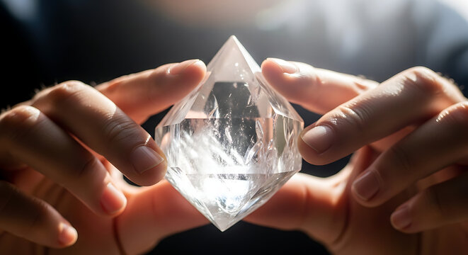 Close-up macro shot of a precious, clear, multifaceted diamond being held between two fingers