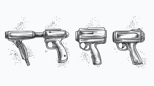 Line art illustration of four antique pistols in a row, with splatters, monochrome and aged look