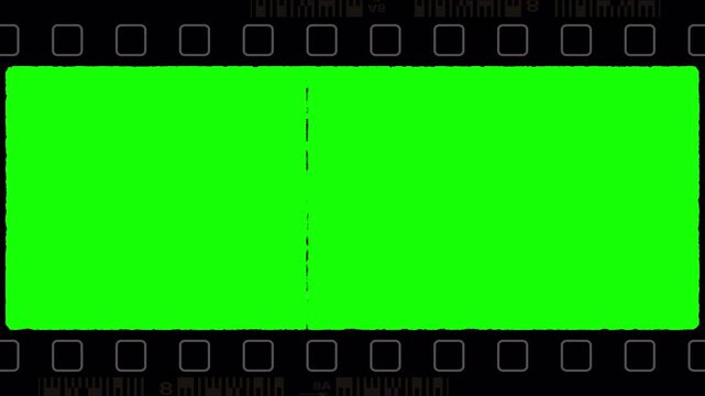 Film strip frame with grunge and rough edges for overlay. Cinema film strip border with distressed texture on green screen for editing. Movie reel frame with scratched, grain for cinematic intros. 4K
