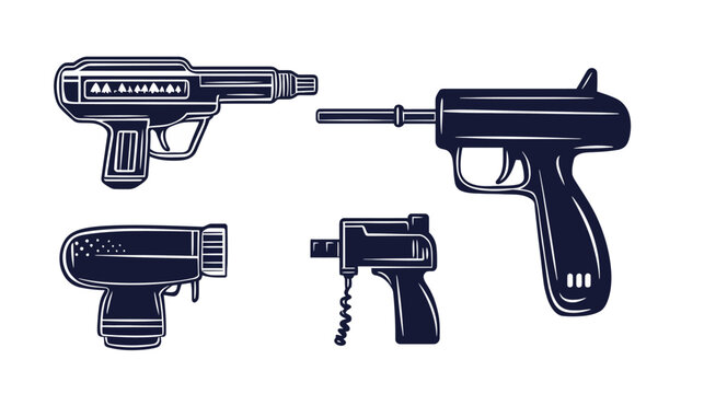 Stylized illustrations of four different handguns in dark blue against a white background