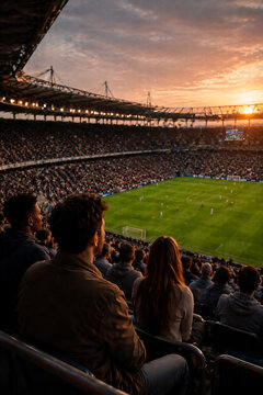 Supporters regardant un match de football dans un stade au coucher du soleil &ndash; vue immersive depuis les tribunes
