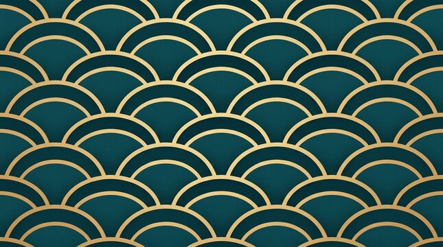 Seamless Geometric Teal Fish Scale Arc Pattern in Warm Gold for Luxury Resort and Interior Design