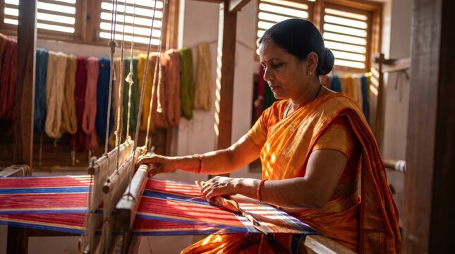 Indian woman weaving traditional fabric on a handloom in a workshop.