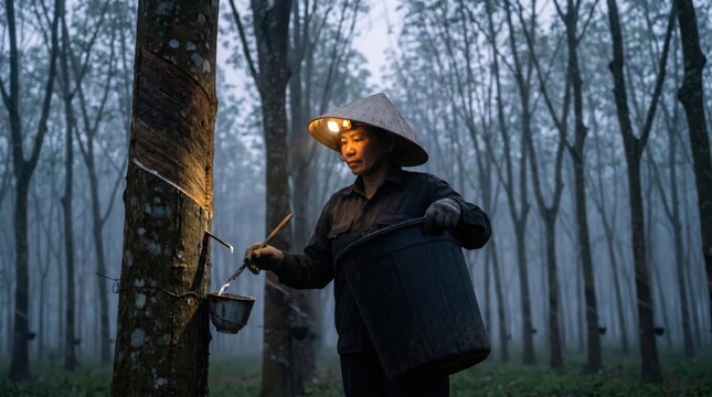 Rubber Tapper Working in a Plantation Early in the Morning.
