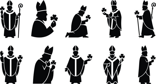 Sammlung von zehn schwarzen Silhouetten des Heiligen Patrick als Bischof mit Kleeblatt und Stab.