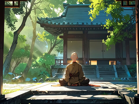 陽光の中で瞑想する寺院の僧侶