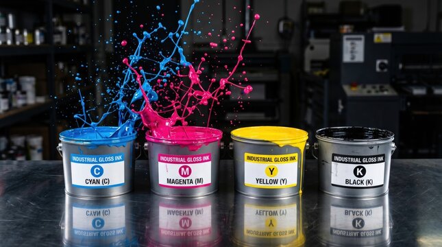 Colorful Cyan Magenta and Yellow Ink Splashing from Tins