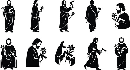 Schwarz-weiße Silhouetten eines bärtigen Mannes, der einen Heiligen darstellt, mit religiösen Symbolen und einer Pistole. © Insa Batool