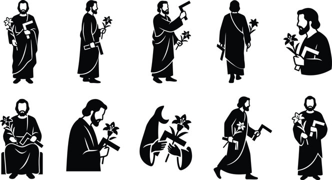 Schwarz-wei&szlig;e Silhouetten eines b&auml;rtigen Mannes, der einen Heiligen darstellt, mit religi&ouml;sen Symbolen und einer Pistole.