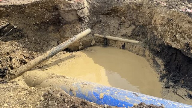 Soil profile with engineering utilities seen in the excavated trench: sewage manhole, waste water manifold and leak in the domestic waste water. Effluent, culvert