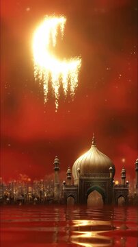 Islamic mosque reflecting in water under a dramatic red starry sky, a golden crescent moon illuminating the sacred Muslim celebration, spiritual holiday concept