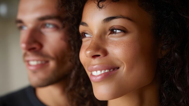 A genuine side profile portrait of two adults sharing a warm moment of connection and happiness indoors