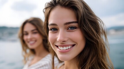 Fototapeta premium Genuine smiles of friends enjoying a beautiful warm day together by the scenic waterfront