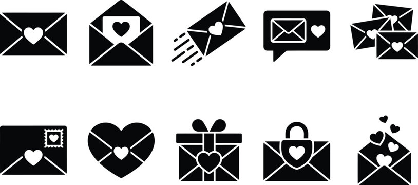 Set von schwarzen Glyphen-Symbolen f&uuml;r Liebesbriefe und Valentinstag-Nachrichten auf wei&szlig;em Hintergrund.