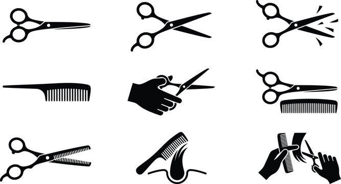 Set von neun schwarzen Piktogrammen f&uuml;r den Friseurbedarf mit Schere und Kamm.