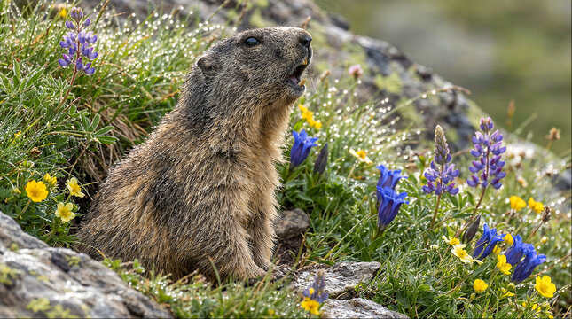 Alpine marmot peeking among wildflowers in mountain meadow