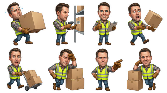 Warehouse Worker Series: A set of cartoon-style illustrations depict a warehouse worker in various work scenarios, conveying a range of emotions and actions in a distribution center environment. 