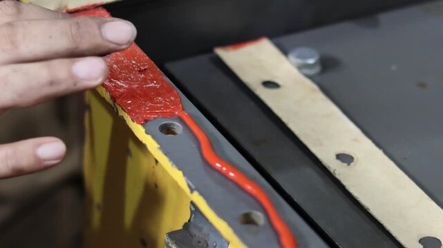 Close up of a mechanic's finger spreading red high-temperature RTV silicone sealant on a metal engine component for a precise leak-proof seal. Professional industrial maintenance and repair.