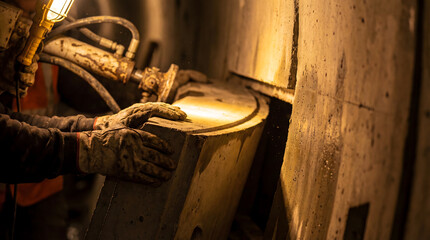 Fototapeta premium Construction worker installing precast concrete segment in tunnel