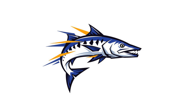 Stylized illustration of a barracuda fish with blue and white scales and yellow lightning bolt accents, depicting speed and power.