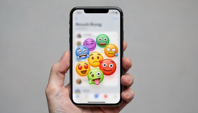 Close medium shot of a mobile device displaying emojibased survey overlay sharp focus on modal background app interface indistinct.