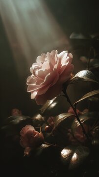 dark mode lifestyle aesthetic camellia flower close up with natural sunlight flare soft haze romantic tone realistic photography high detail petals and leaves composition inspired