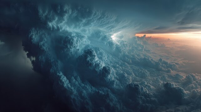 Massive thunderstorm clouds aerial view with dramatic dark towers and lightning glow