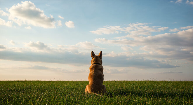 A brown dog sits from behind in a lush green grass field, gazing toward the horizon beneath a bright blue sky scattered with soft white clouds at midday