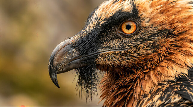 Bearded vulture intense stare with hooked beak and orange eye