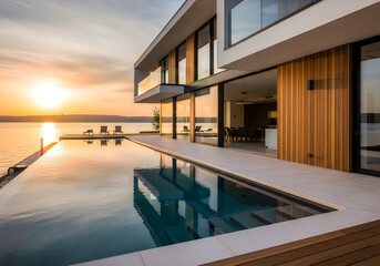 Fototapeta premium A modern house with a large pool overlooking the ocean at sunset