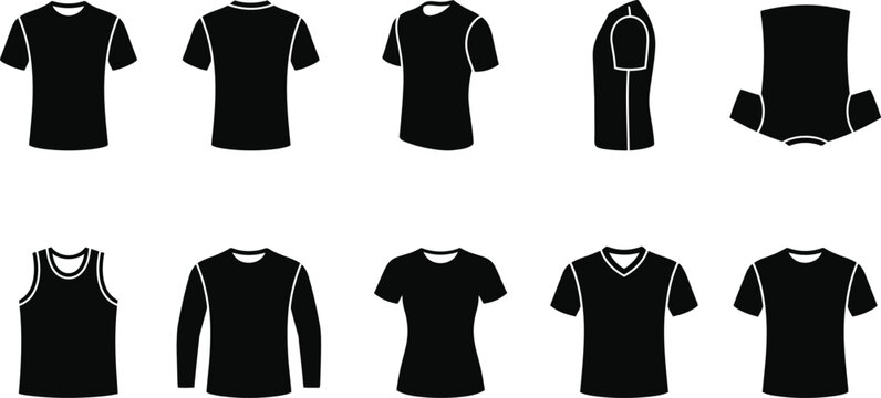 Kollektion von schwarzen T-Shirt-Vorlagen und Oberteilen in verschiedenen Stilen und Ansichten als Vektor-Illustration.