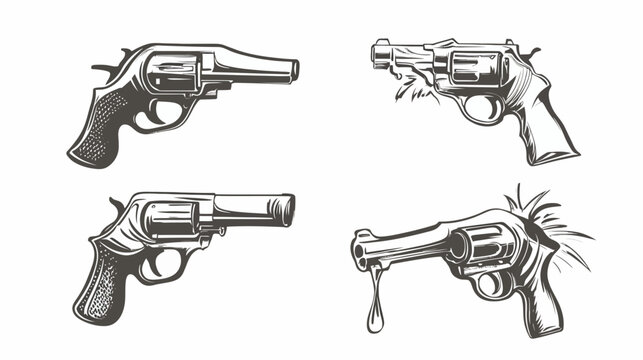 Four stylized illustrations of revolvers in a monochromatic grayscale, with different details