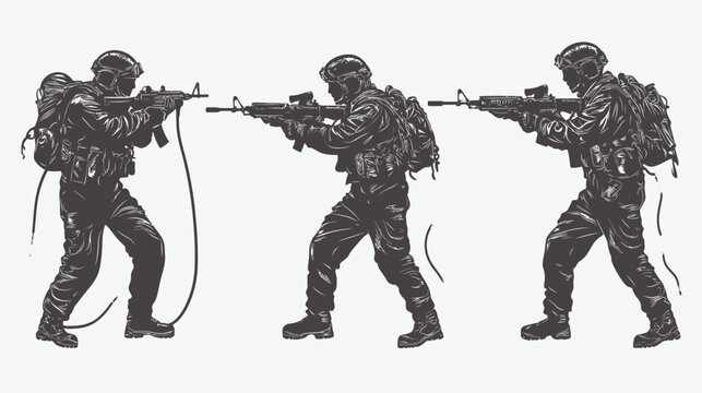 Silhouettes of three armed soldiers in action, with assault rifles, helmets, and tactical gear