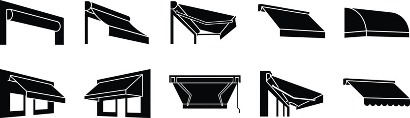 Sammlung von schwarzen Silhouetten verschiedener Markisen und Vordächer. © Insa Batool