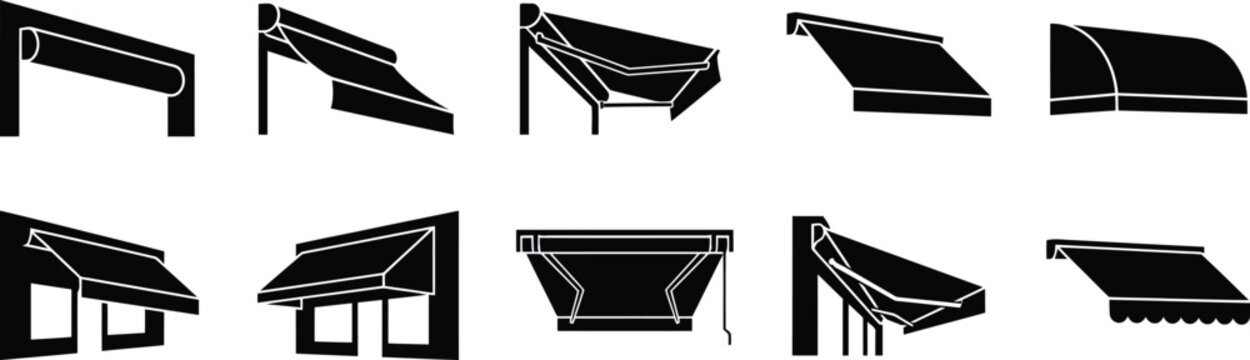 Sammlung von schwarzen Silhouetten verschiedener Markisen und Vord&auml;cher.