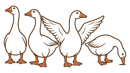 Cute cartoon geese set in various poses, adorable vector bird characters for kids illustration, nursery artwork, greeting cards, stickers, and playful animal design elements. © Mizu Ahmed 2