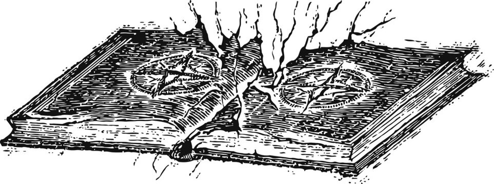 open magical spellbook with glowing pentagrams and crackling energy rays in dark fantasy