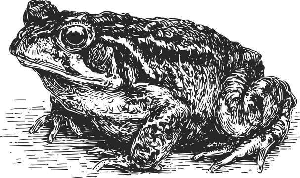 Detailed black and white illustration of a frog sitting on the ground, realistic amphibian drawing