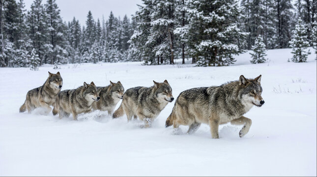 Wolf pack running through snowy forest in winter wilderness
