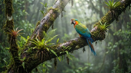 Fototapeta premium Colorful Tropical Bird Sitting on Mossy Branch in Rainforest