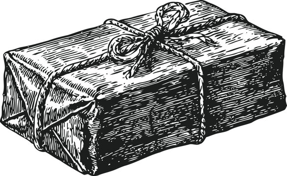 Vintage wrapped parcel tied with string in black and white sketch