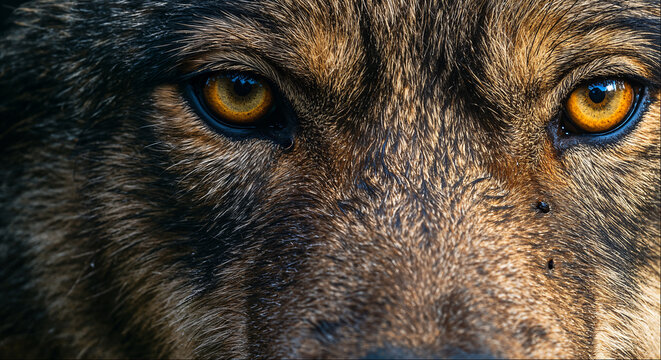 Gray wolf intense eye close up with amber piercing gaze