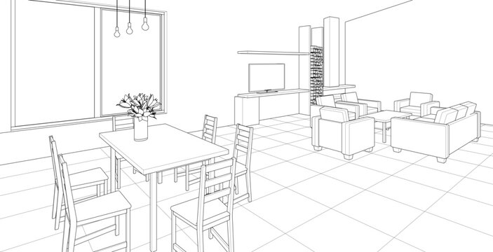 interior kitchen living room 3d illustration	
