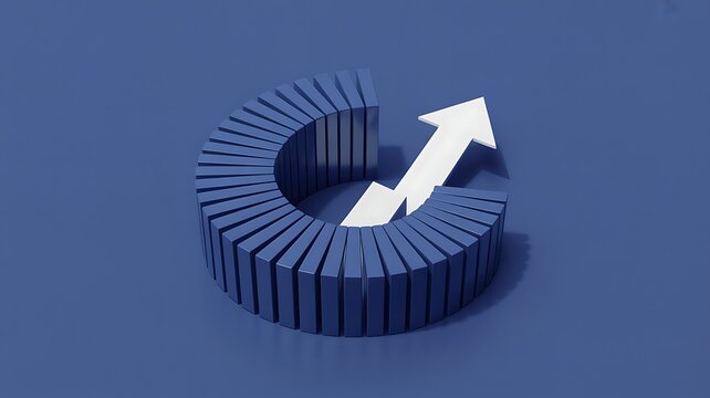 A circular arrangement of blue blocks with a white arrow pointing upwards representing breakthrough and new growth.