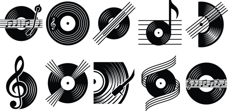 Sammlung von stilisierten schwarzen Musik-Ikonen mit Vinyl-Schallplatten und Noten.